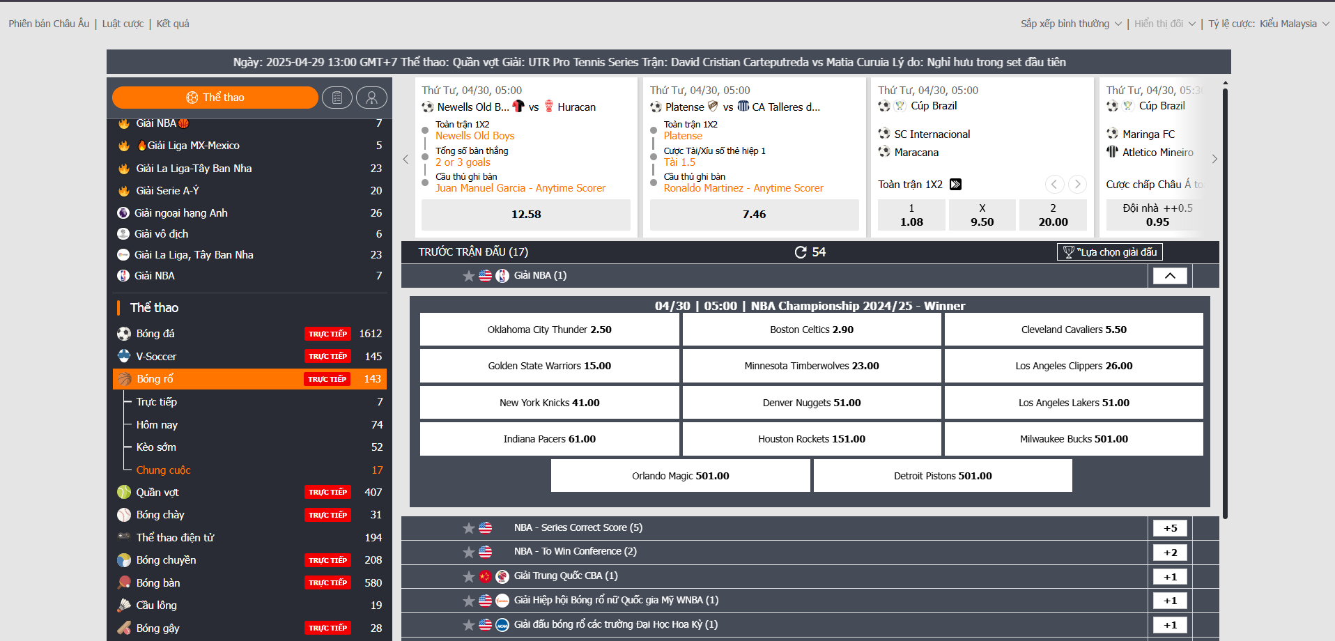 Giao diện xem kết quả chung cuộc của tất cả giải đấu Bóng rổ trên toàn thế giói tại XIBET